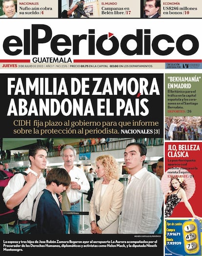 Portada de 'El Periódico' cuando la familia Zamora tuvo que exiliarse en 2003.