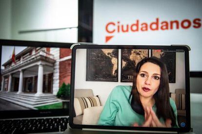 La presidenta de Ciudadanos y portavoz en el Congreso de los Diputados, Inés Arrimadas, en rueda de prensa telemática. 
PEDRO RUIZ (CIUDADANOS).