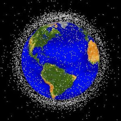 Simulaci&oacute;n generada por ordenador de la nube de basura espacial alrededor de la Tierra en &oacute;rbita baja.
 