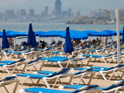 Zona de hamacas vacía en la playa de Benidorm, el 1 de agosto.