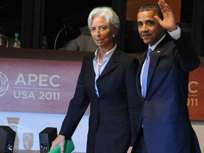 Obama y la directora del FMI, Christine Lagarde, hoy en la cumbre de la APEC