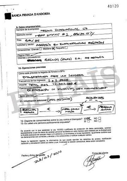 Documento interno entregado en la Banca Privada d’Andorra (BPA) por el exministro de Energía de Venezuela Nervis Villalobos.