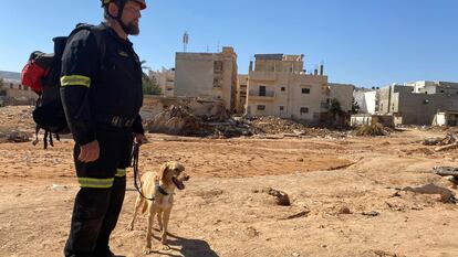 Un miembro de la ONG Intervención, Ayuda y Emergencias, junto a uno de sus perros en Derna, Libia.