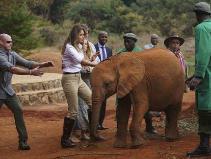 Melania Trump acaricia a un bebé elefante este viernes en el Parque Nacional de Nairobi (Kenia).