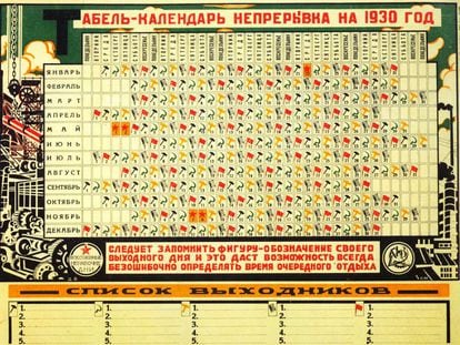 Calendario soviético de 1930 con cinco días por semana, uno de ellos de descanso aunque diferente según grupos sociales. 
