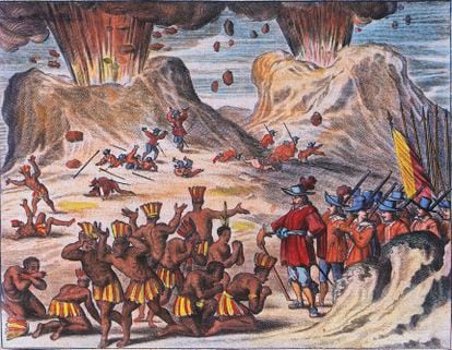 Grabado del siglo XVII que ilustra el encuentro entre la tribu de Tlaxcala y los soldados de Hernán Cortés entre los volcanes Popocatépetl y Iztaccíhuatl.