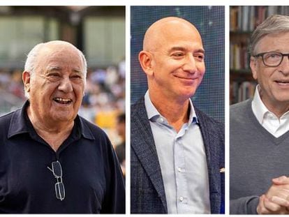 El presidente de Inditex, Pablo Isla, con su fundador, Amancio Ortega; el creador de Amazon, Jeff Bezos, el de Microsoft, Bill Gates, y el de Apple, Steve Jobs.