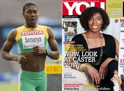 A la izquierda, Caster Semenya en los Campeonatos del Mundo de Atletismo de Berlín el pasado mes de julio. A la derecha, portada de la revista 'You'.