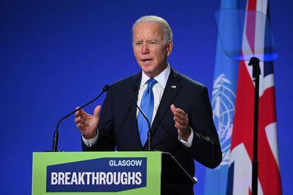 El presidente de EE UU, Joe Biden, pronuncia un discurso durante la cumbre del clima de Glasgow.