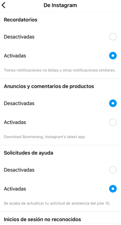 Las notificaciones de Instagram se pueden personalizar en la configuración: desde mensajes directos hasta anuncios.