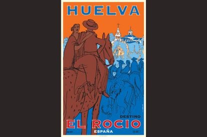 La temática de los carteles recorre los distintos atractivos de la región, desde Doñana a Niebla o las minas de Riotinto, pasando por la Semana Santa, las playas, la gastronomía o, como en este caso, el Rocío.