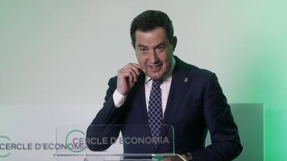 El presidente de la Junta de Andalucía, Juan Manuel Moreno, en un acto en Barcelona en marzo.