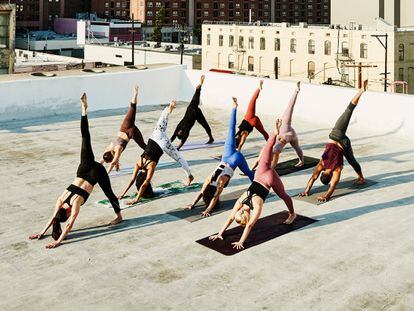 Elevated view of yoga class practicing on rooftop overlooking city