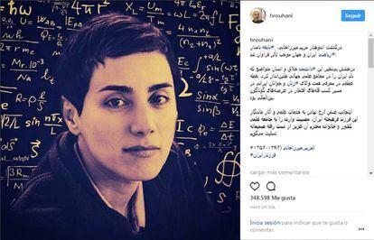 Publicaci&oacute;n del presidente iran&iacute; en Instagram en homenaje a Maryam Mirzakhani. 