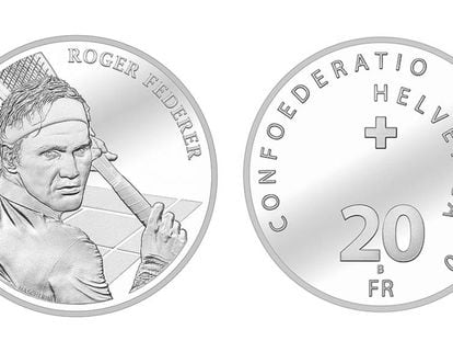 Moneda de plata de 20 francos suizos con la imagen de Federer.
