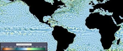 Figura 2. En este mapa se muestra la vorticidad de la corriente. Note en la escala de colores que hay valores positivos y negativos. Los remolinos en el océano se pueden identificar como zonas semicirculares con valores intensos de vorticidad.