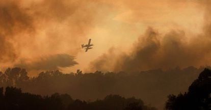 Un hidroavión lanza agua para apagar el incendio de Madremanya.