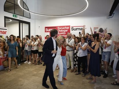 Yolanda Díaz, a su llegada a la sede de Sumar en Madrid, tras conocerse los resultados de las elecciones generales este domingo.