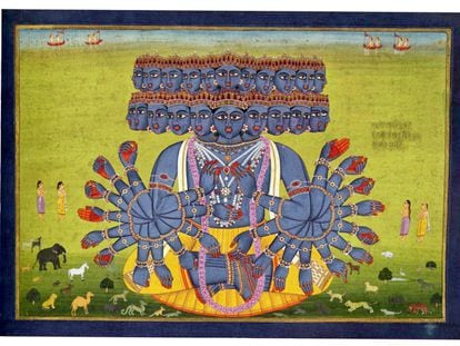 Vishvarupa, la forma cósmica del dios Visnú. Escuela del Rajastán, Jaipur ca. 1840. (Ilustración de la 'Bhagavad Gita' en edición de Errata Naturae).