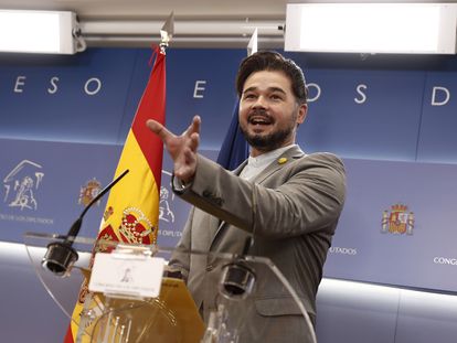 El portavoz de ERC, Gabriel Rufián, durante la rueda de prensa tras la Junta de Portavoces del Congreso, el pasado martes.