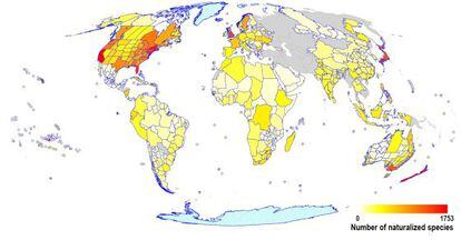 El mapa muestra (en rojo) las zonas con mayor n&uacute;mero de plantas ex&oacute;ticas