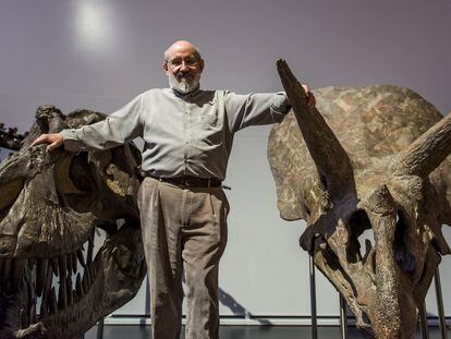 El catedrático de Paleontología José Luis Sanz, entre ejemplares de dinosaurios y criaturas prehistóricas en el Museo de Ciencias Naturales de Madrid. 