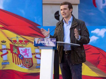 El presidente del PP Pablo Casado, durante un acto de partido en Cartagena.