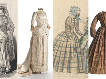 Desde la izquierda, láminas de un vestido de novia en 'La moda del correo de ultramar', traje de novia (1879-1882), lámina de The Ladies’ Cabinet of Fashion Music and Romance y vestido de mañana (1840-1850).