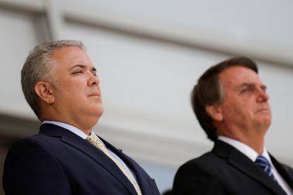 Los presidentes de Colombia, Iván Duque, y Brasil, Jair Bolsonaro, durante el encuentro de este martes.