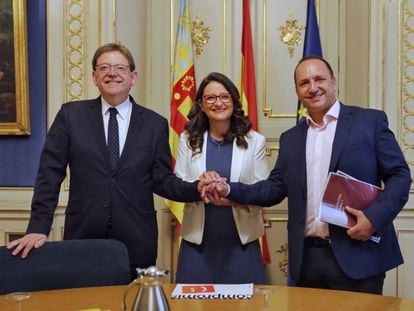 Ximo Puig, Mónica Oltra y Rubén Martínez Dalmau, esta mañana. 