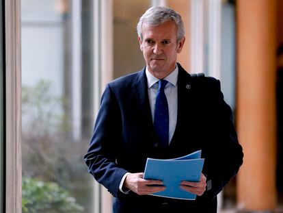 El presidente de la Xunta, Alfonso Rueda, antes de la rueda de prensa en la que anunció este jueves la convocatoria electoral.