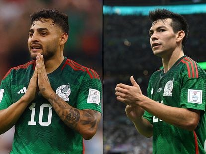 Mundial Qatar 2022: los delanteros mexicanos, Alexis Vega (Chivas) e Hirving Lozano "Chucky" (Napoli), durante el partido mundialista contra la selección Argentina