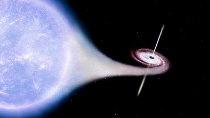 Ilustración del sistema Cygnus X-I formado por un astro masivo y un agujero negro que está robándole materia en forma de gas.