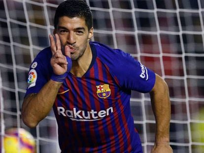 Suárez celebra el gol de la victòria.
