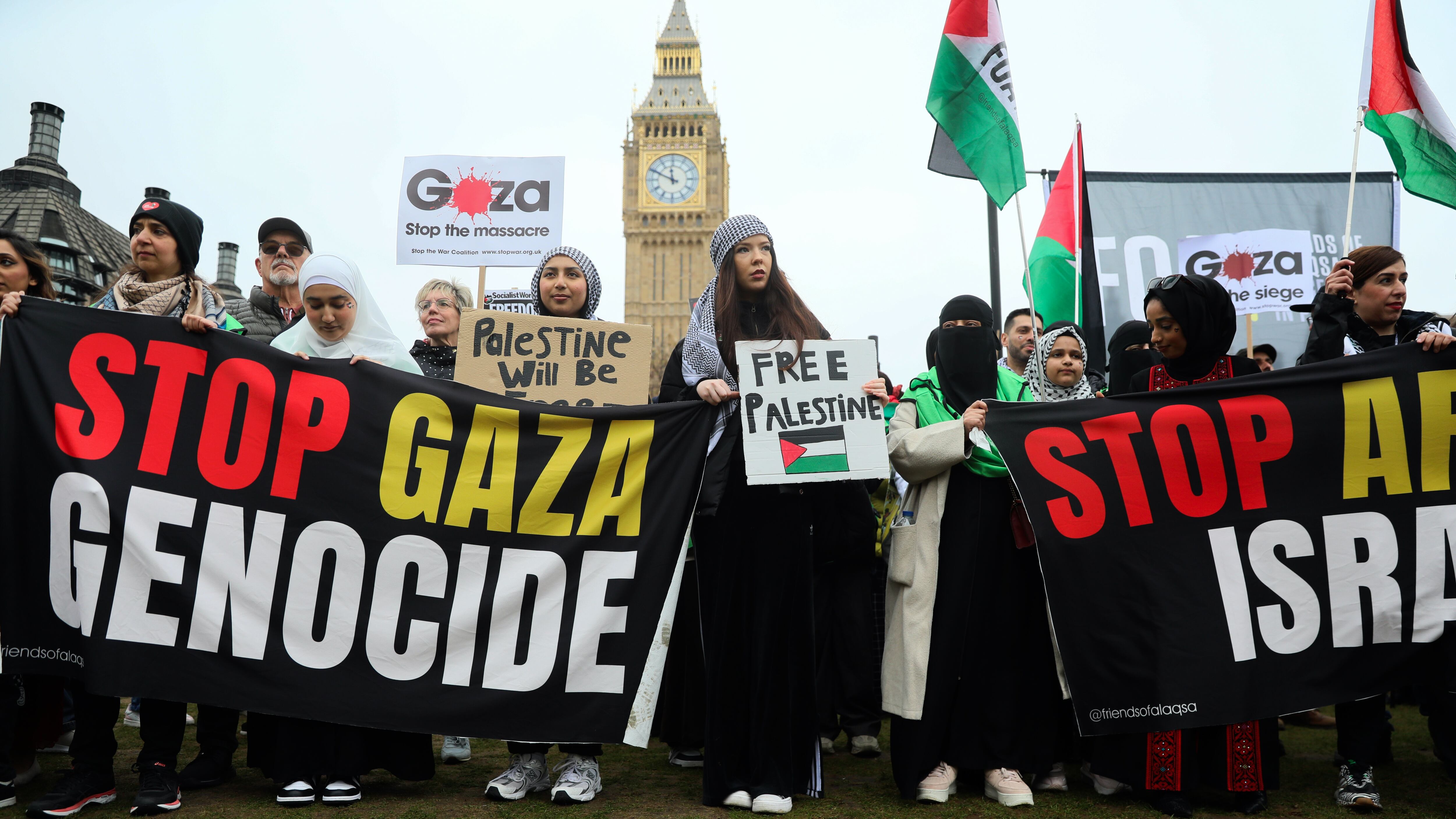 LONDON, ENGLAND - APRIL 27: Protestors gather to march in solidarity with Palestine on April 27, 2024 in London, England. Protesters demand that the UK cease arms transfers to Israel amid the Israel-Hamas war. (Photo by Alishia Abodunde/Getty Images)