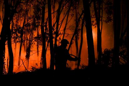 Un bombero trabaja en las labores de extinción en Casais do Vento, Alvaiazere, en la madrugada del domingo 10 de julio.  