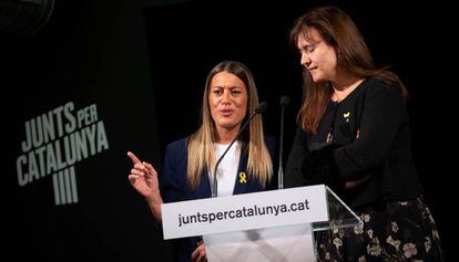 Míriam Nogueras y Laura Borràs, candidatas de Junts per Catalunya, en el acto de ayer.