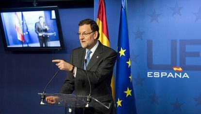 El presidente del Gobierno, Mariano Rajoy, en la rueda de prensa de Bruselas