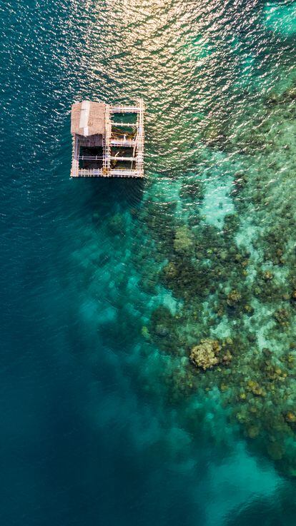 A small fishing boat sits in the middle of a reef on Daracotan Island, Philippines. 