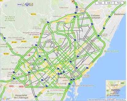 El trànsit a Barcelona a les 11.00. En groc, el trànsit dens.