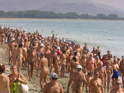 Marcha nudista en Vera (Almer&iacute;a) para reivindicar una playa sin barreras, en 2003.