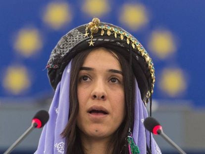 La Nobel de la Paz Nadia Murad en el Parlamento Europeo en 2016. 