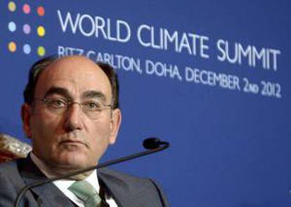 El presidente de Iberdrola, Ignacio Sánchez Galán, durante su intervención en la ceremonia de inauguración de la cumbre sobre el clima "World Climate Summit" en Doha, Catar, hoy, domingo 2 de diciembre de 2012.