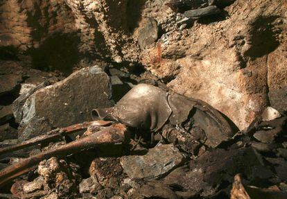 Tibia y peroné del esqueleto del menor, todavía con su bota, hallado en la cueva de O Courel.