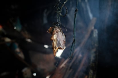 Un pedazo de pescado listo para ser cocinado, en el campamento indígena del Parque Nacional de Bogotá.