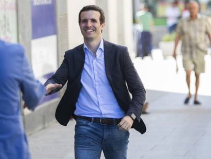 Pablo Casado, este miércoles, durante un acto de campaña en Madrid.