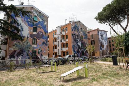 Murals on the buildings of San Basilio, on the outskirts of Rome, a neighborhood associated with drug trafficking.