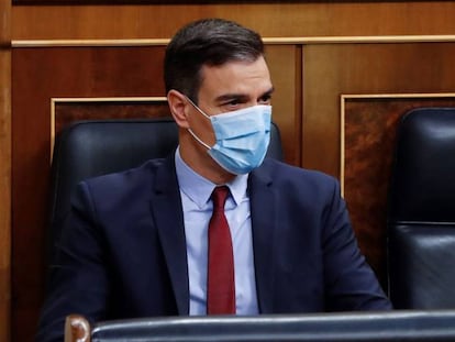 El presidente del Gobierno, Pedro Sánchez, al inicio del debate este miércoles en el Congreso de la quinta prórroga del estado de alarma.