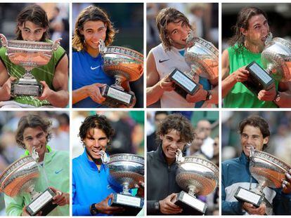 Secuencia de los ocho trofeos de Roland Garros conseguidos por Nadal desde 2005 hasta 2013