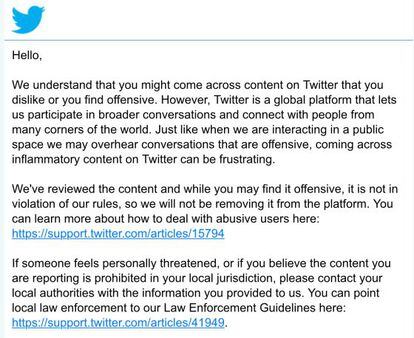 Correo de contestación de Twitter a la solicitud de eliminación de uno de los perfiles desde los que se producía el acoso.